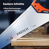 Presch Fuchsschwanz Säge 450mm - Scharfe Holzsäge mit 45° und 90° Anschlag - Profi Handsäge zum Sägen von Holz und Laminat - 9