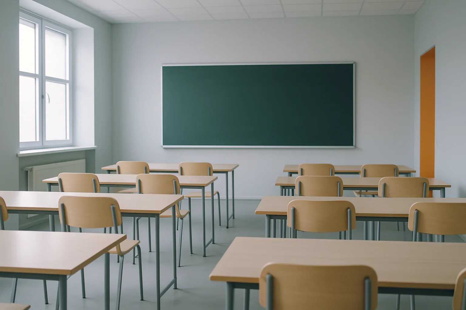 Ein leeres Klassenzimmer mit hellen Holzpulten und einer Tafel