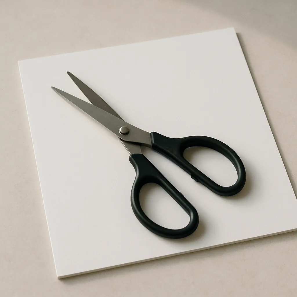 Schere mit schwarzen Griffen auf einem weißen Blatt Papier